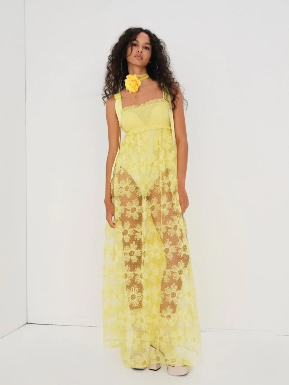 NWT FOR LOVE & LEMONS Yellow Floral Lace Emma Maxi Dress